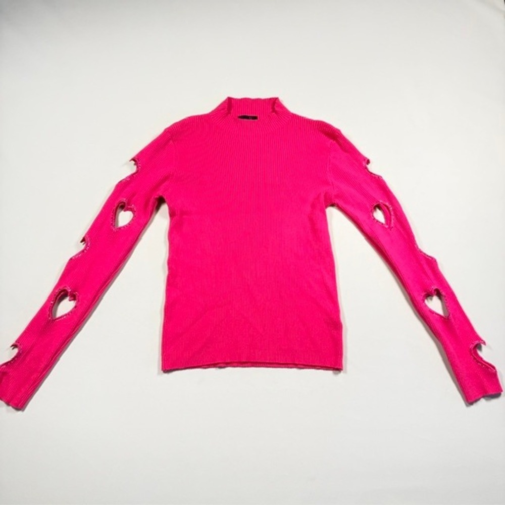 On Twelfth Hot Pink Heart Cutout Rhinestone Ribbed Mock Neck Sweater L
